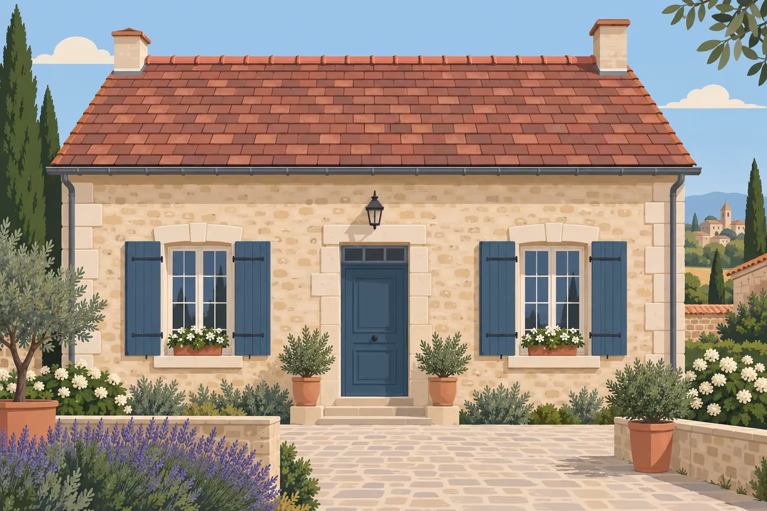 Maison de style ancien avec façade en pierre, porte et volets bleus au centre et jardin fleuri devant.