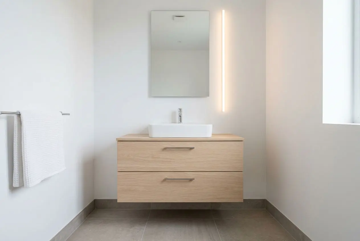 Meuble lavabo bois clair flottant avec miroir et applique lumineuse sur le côté, dans une petite salle de bain moderne 5m2.