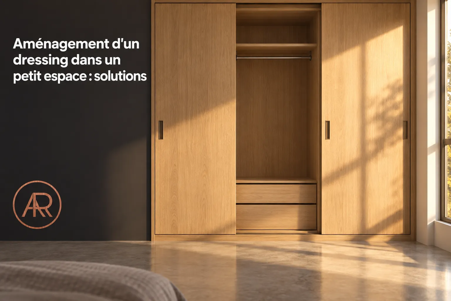 Placard en bois ouvert dans une chambre, avec portes coulissantes et tiroirs visibles.