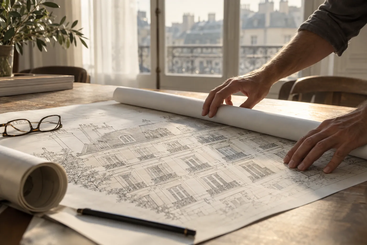 Plan architectural sur papier avec mains déployées, brouillon et lunettes sur le bureau; projet de rénovation du logement. aide au logement pour les travaux de rénovation évidemment impliquée.
