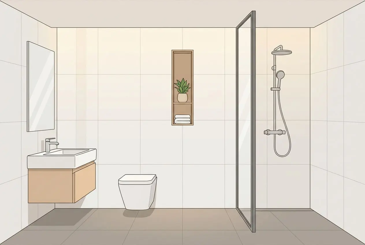 Plan d’aménagement petite salle de bain 5m2 : douche à l’italienne, meuble lavabo suspendu et WC, rangement mural et porte de douche en verre.