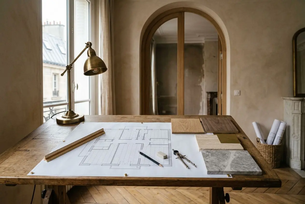 Plan d’intérieur en cours d’élaboration sur une table de travail, outils et croquis près d’une lampe, cadre architectural et arcature dans une pièce parisienne. agencement d intérieur paris.