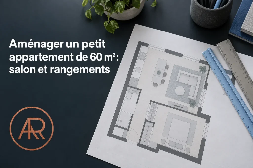 Plan d’un appartement avec un plan imprimé et des outils de dessin posés sur le dessus de la table.