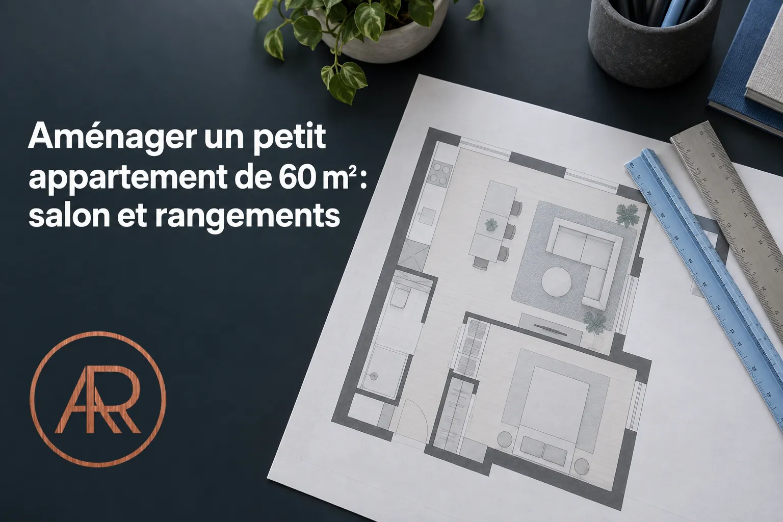 Plan d’un appartement avec un plan imprimé et des outils de dessin posés sur le dessus de la table.