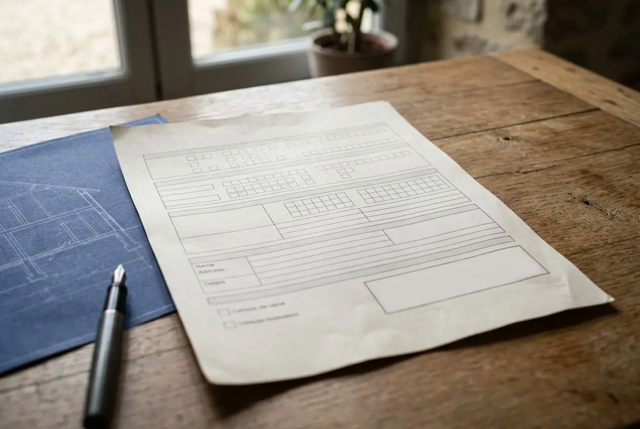Plan et formulaire sur une table en bois, stylo à côté, sujet lié à l’accompagnateur rénov', question: « accompagnateur rénov est-il obligatoire » pour MaPrimeRénov’.