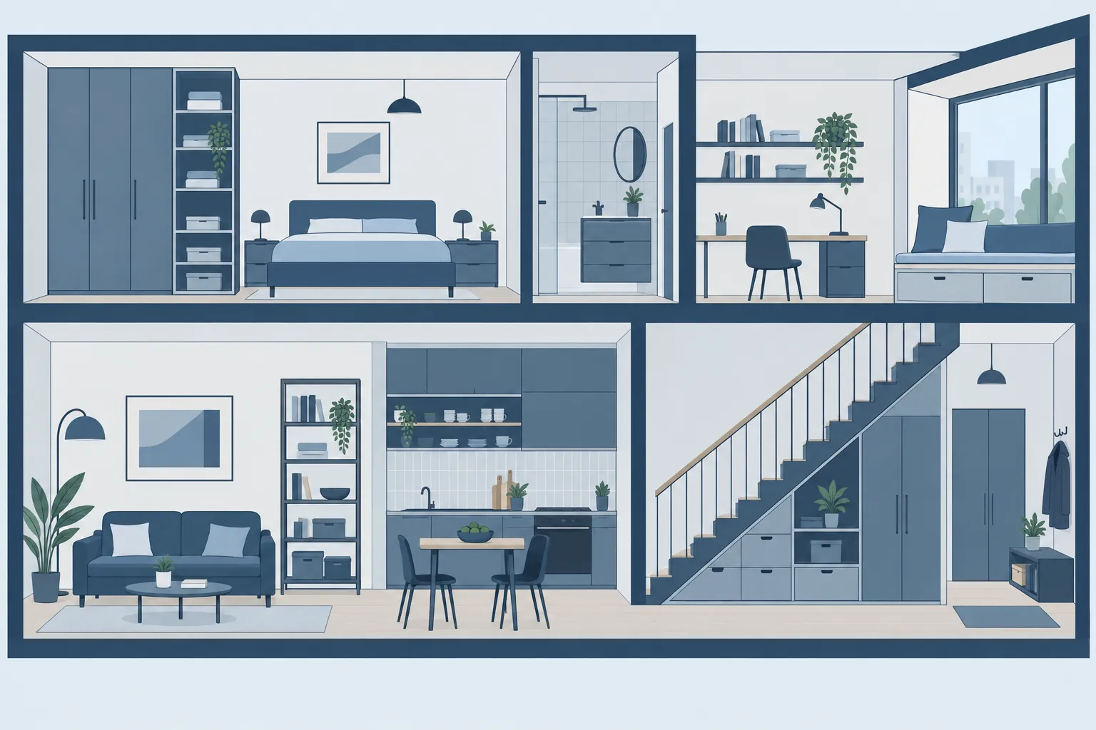 Plan intérieur d’un appartement divisé en plusieurs pièces avec salon, cuisine, chambre, salle de bain et coin bureau,