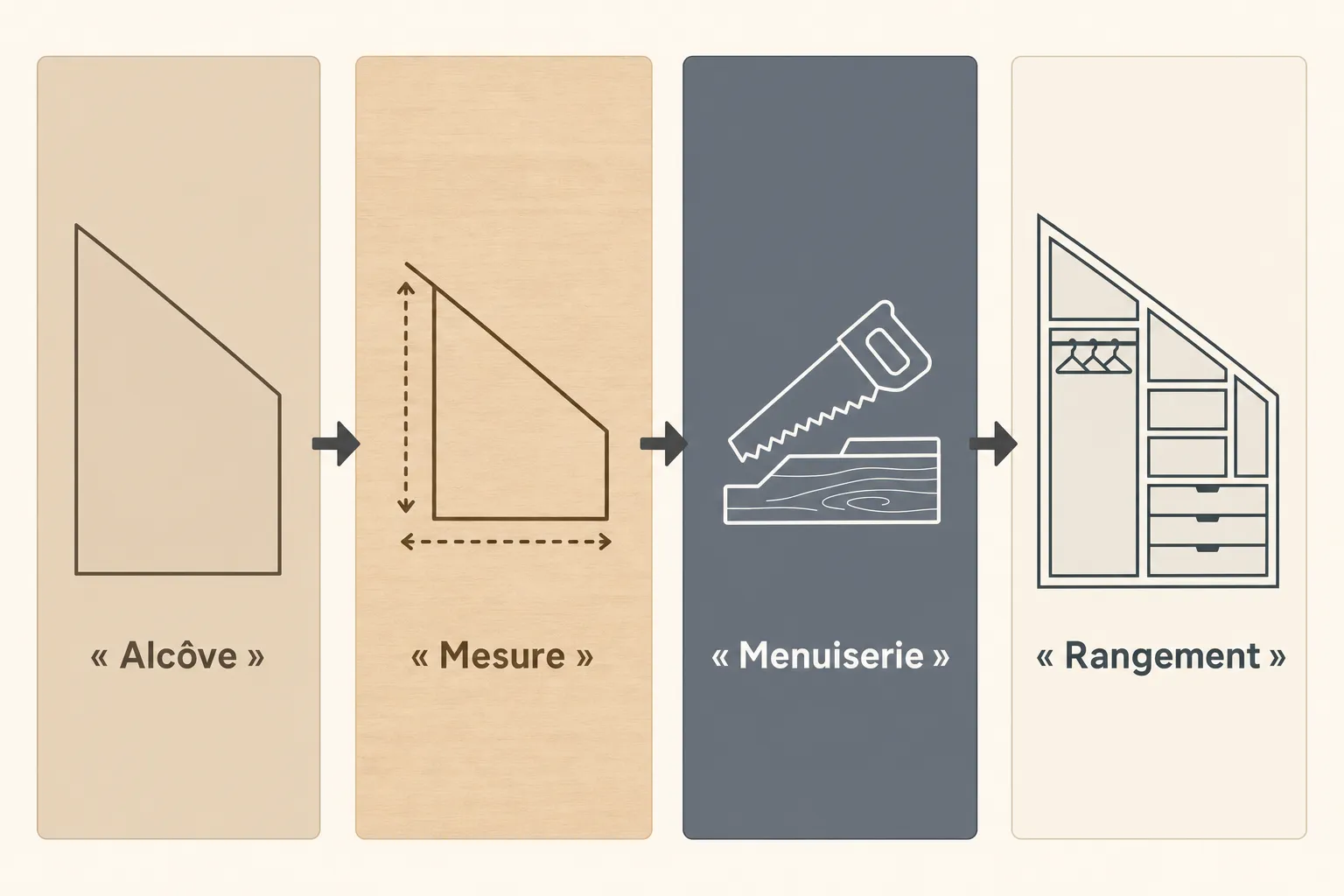 Processus d’agencement intérieur appartement paris: alcôve, mesure précise, menuiserie et rangement sur plans détaillés.