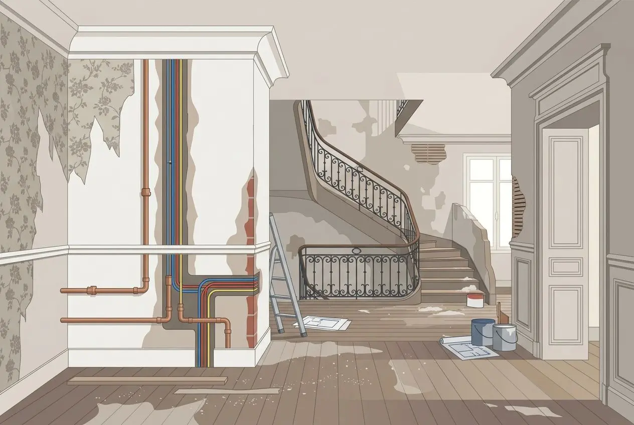Rénovation d’intérieur en cours dans un appartement, escaliers en fer forgé et murs partiellement dépouillés, présentoirs et outils au sol, avec gaines et canalisations apparentes près d’un mur. au m2 rénovation complète appartement