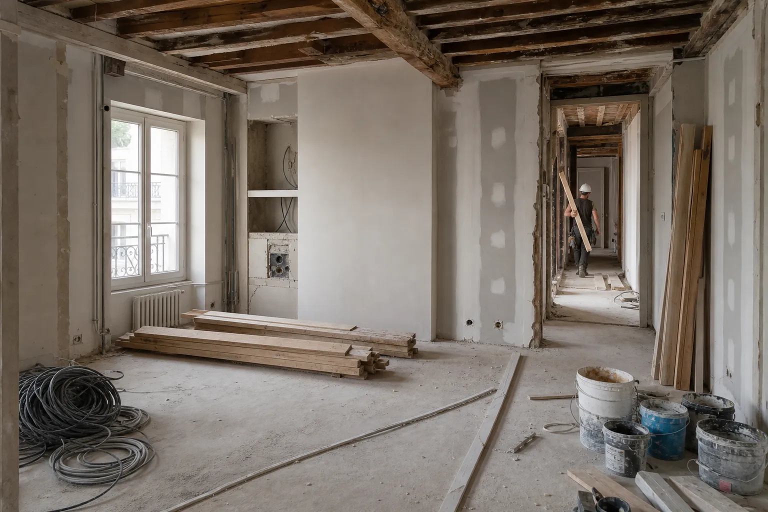 Rénovation d’intérieur en cours avec charpente apparente et matériaux: planches, câbles et outils, prêt à finaliser l’agencement intérieur île-de-france.