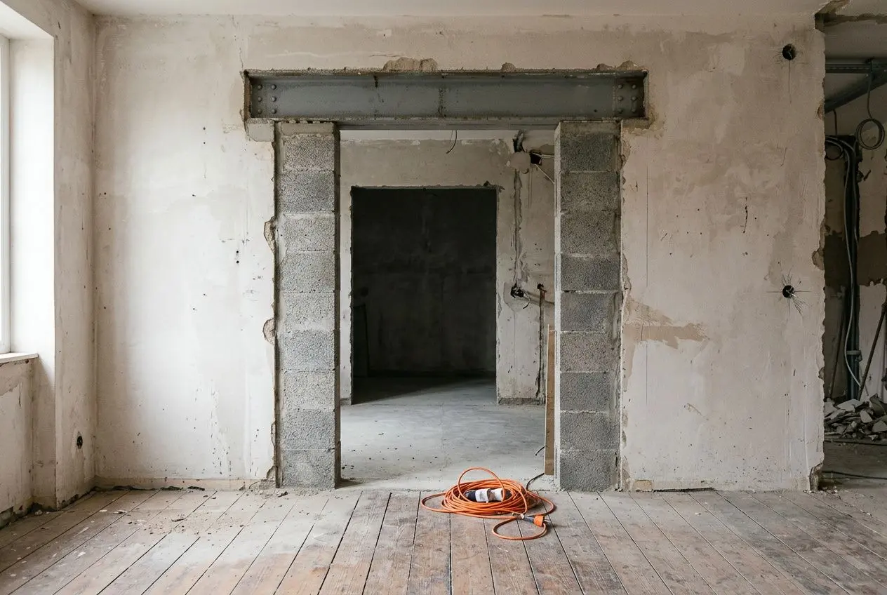 Salle en rénovation avec cloison en pierre et ouverture sur un autre espace; câble orange au sol, sol en bois et murs partiellement nus. travaux à faire avec 50000 euros intégrés naturellement.