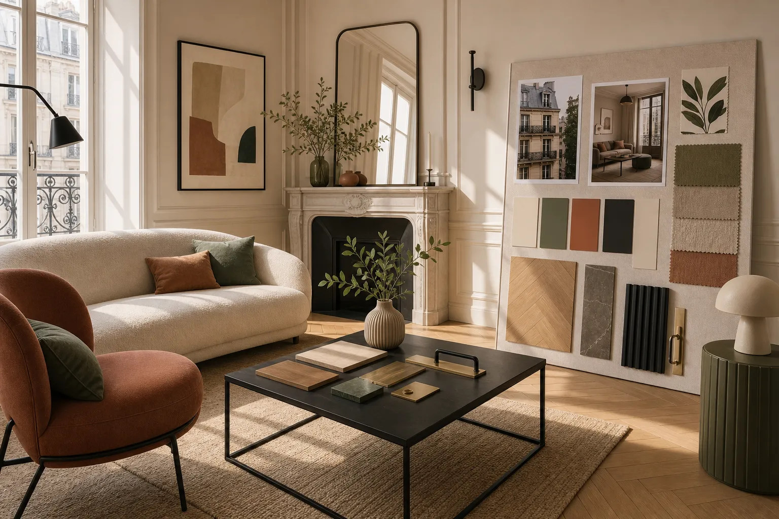 Salon esthétiquement agencé avec canapé clair, fauteuil orange, table basse noire et plantes; panneaux et moodboard de couleurs près de la cheminée. agencement intérieur appartement paris.