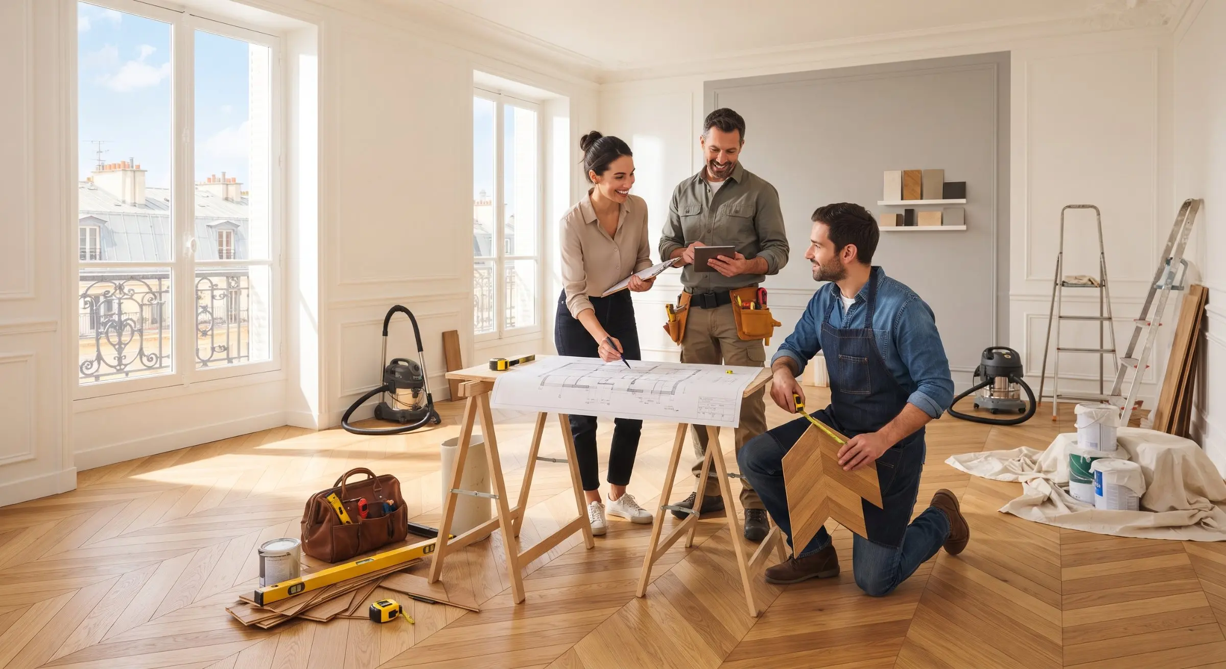 Trois artisans planchent sur un plan dans un salon lumineux au dernier étage, travaux et outils éparpillés autour. isolation thermique appartement dernier étage