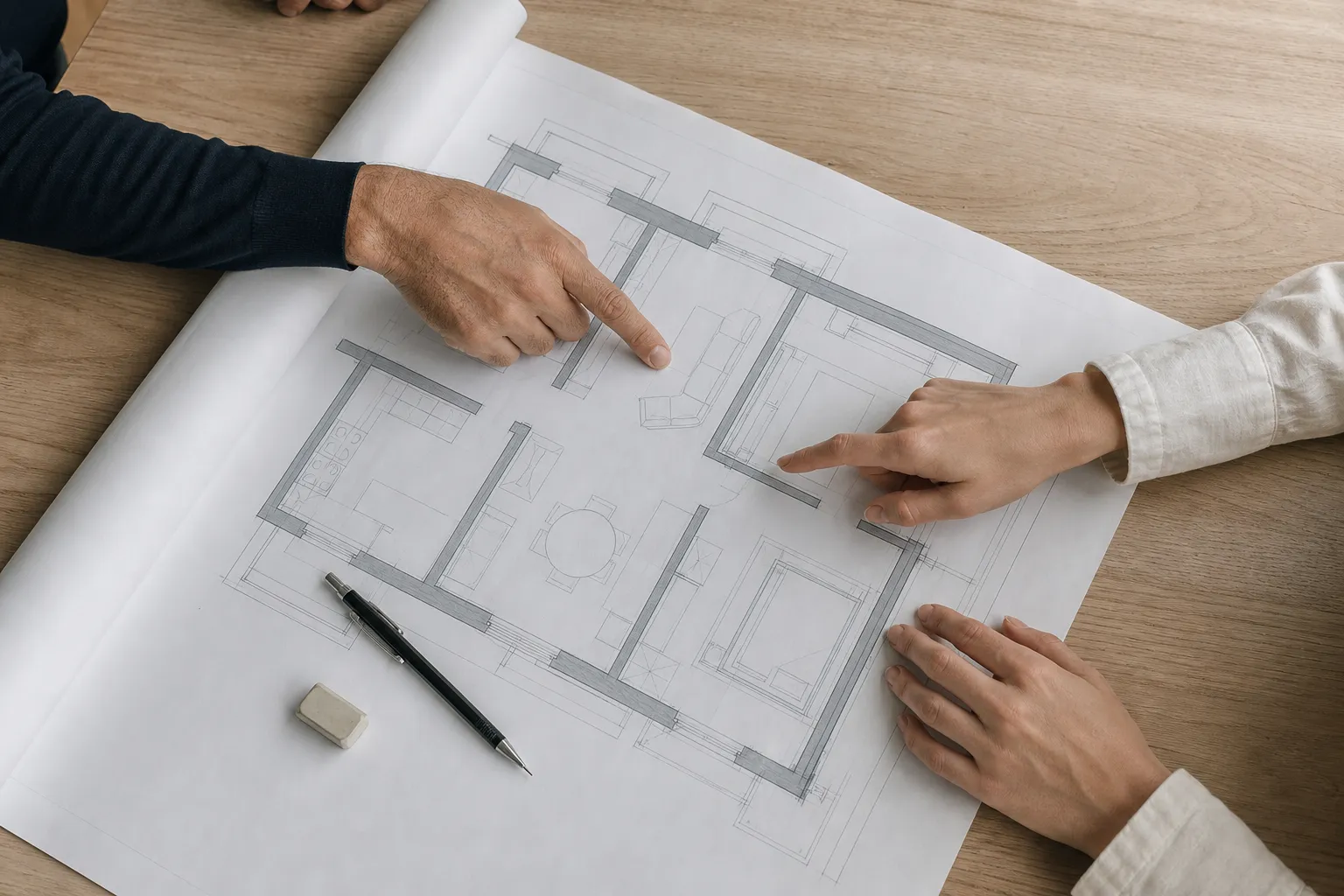 Trois mains pointant un plan d’agencement intérieur sur un gros rogné, stylo et gomme à côté. agencement intérieur île-de-france.