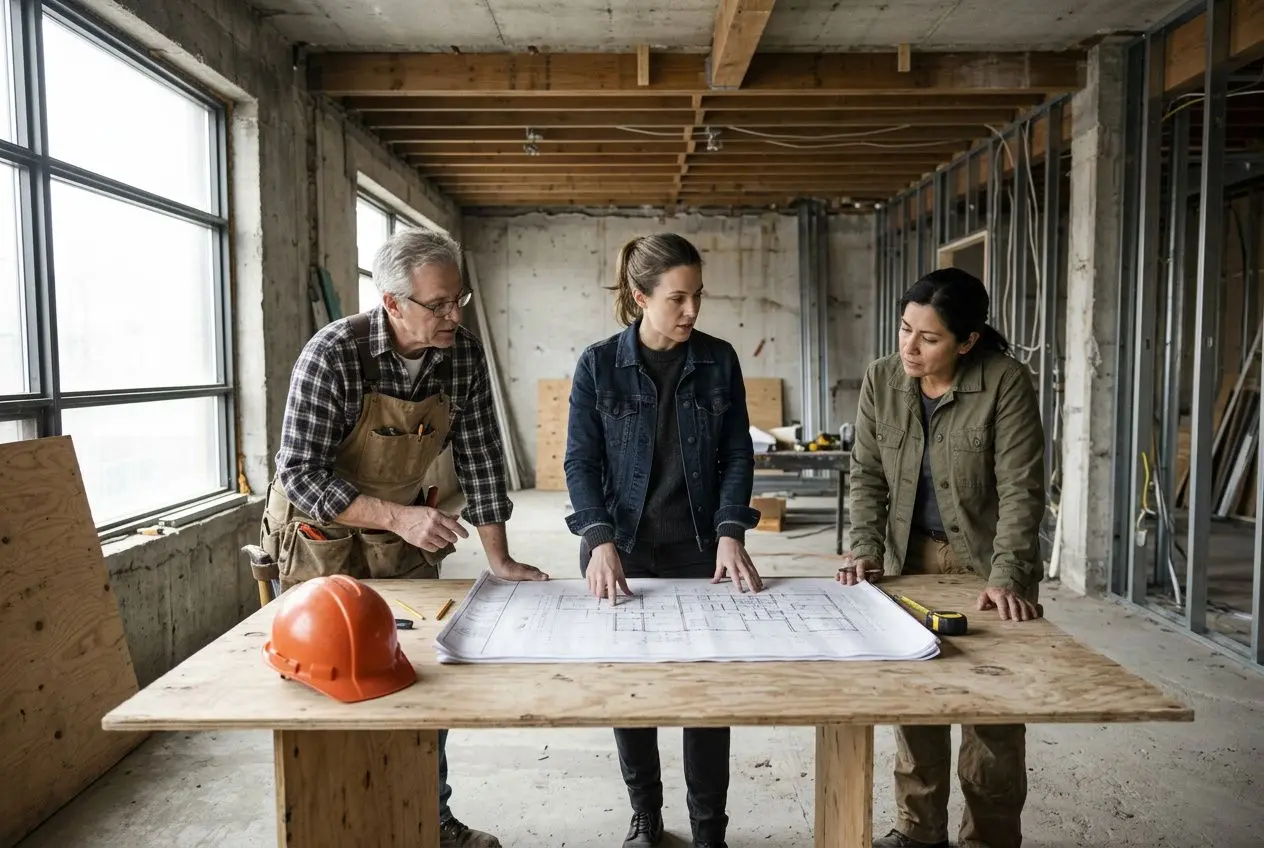 Trois personnes réunies autour d’un plan sur une table dans un chantier en rénovation, casque orange posé à côté.