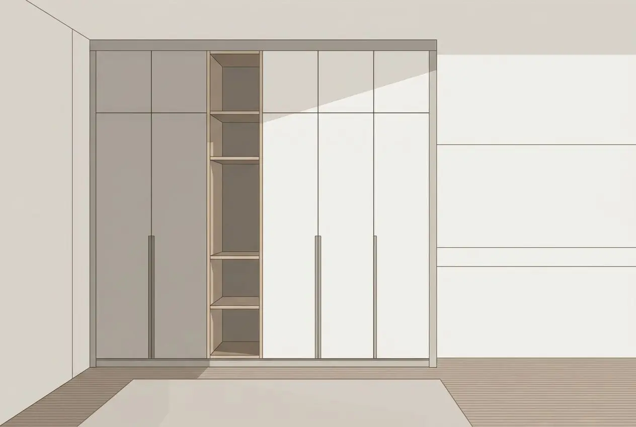 Vitrine et placards encastrés sur un mur, design épuré pour l’agencement intérieur appartement, avec rangements ouverts et portes brillantes.