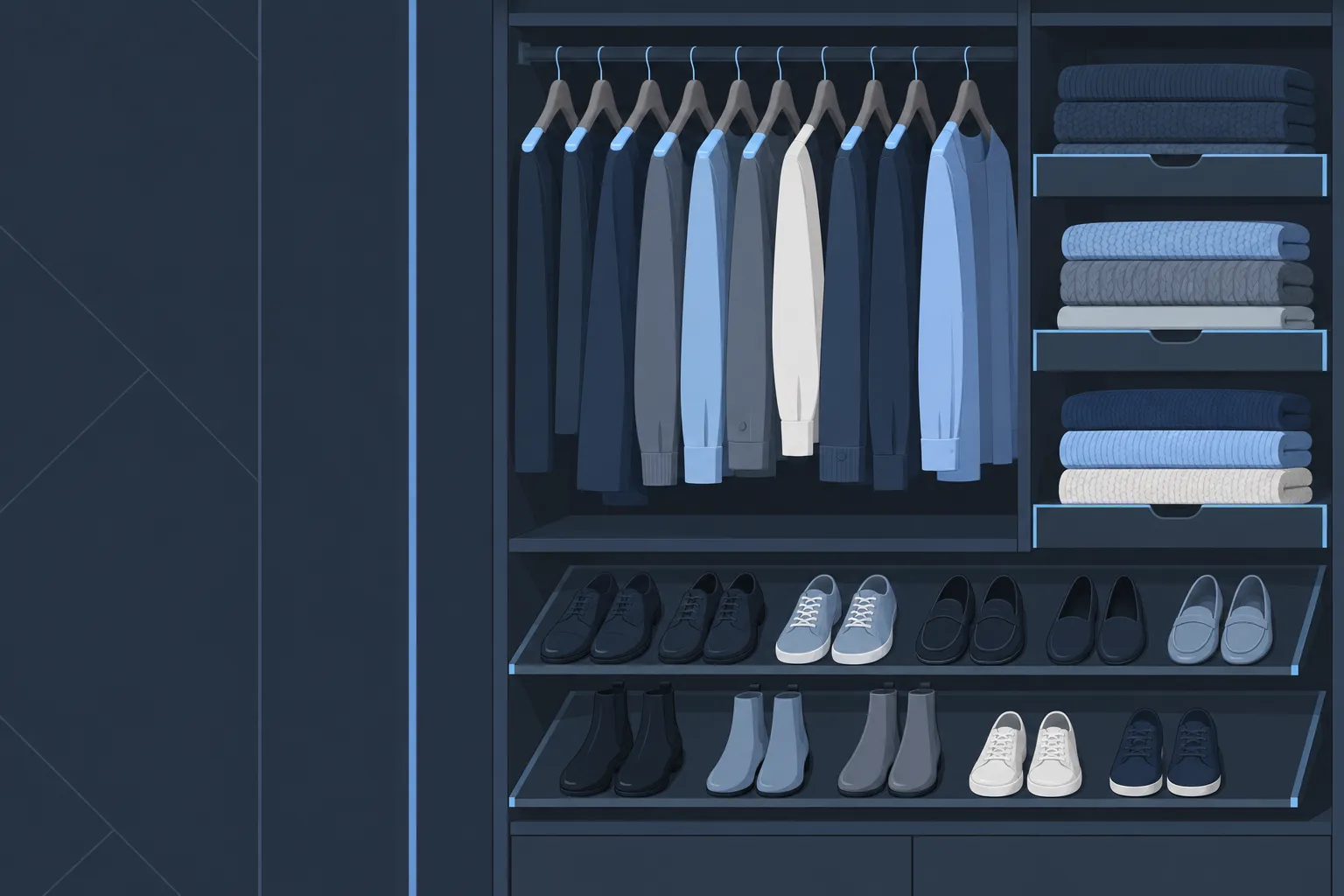 Vue d’un dressing intérieur bien organisé avec des chemises suspendues, des piles de linge plié et des chaussures rangées