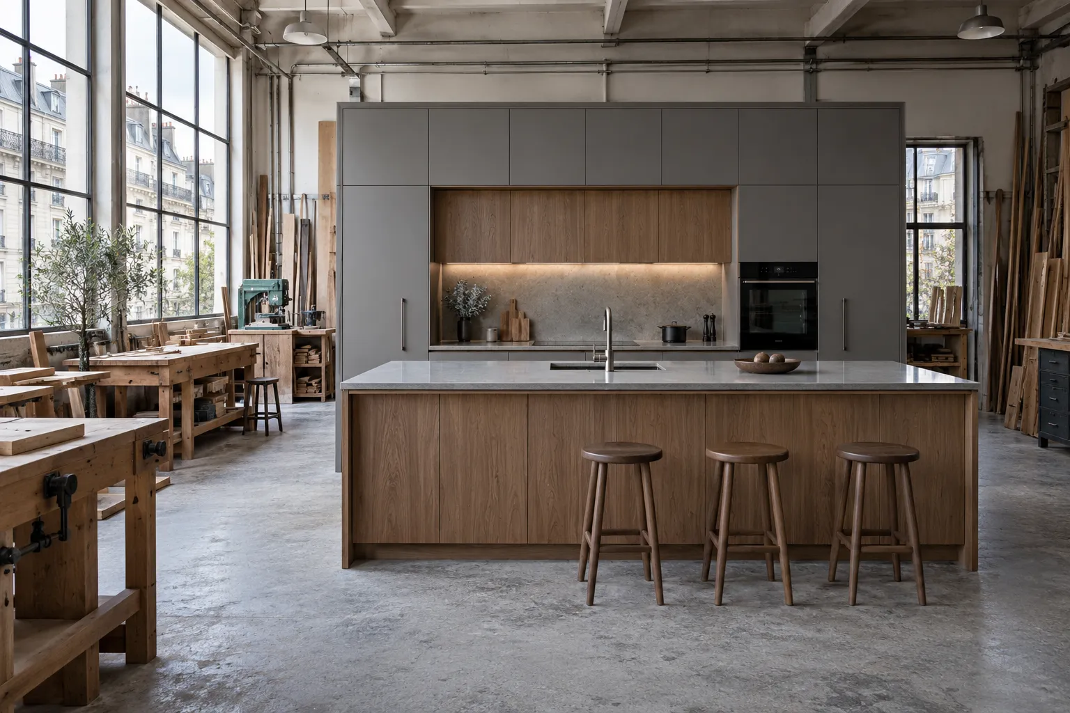 Cuisine d’atelier avec îlot en bois et tabourets, cadre industriel.