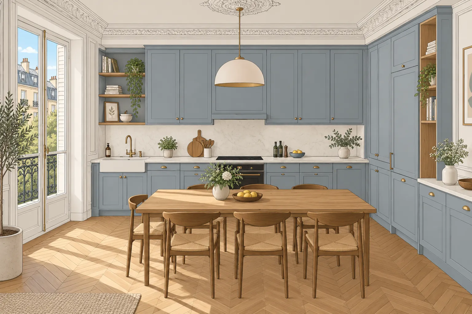 Cuisine lumineuse avec meubles bleus et plan de travail blanc, table en bois et chaises autour d’un espace repas central.