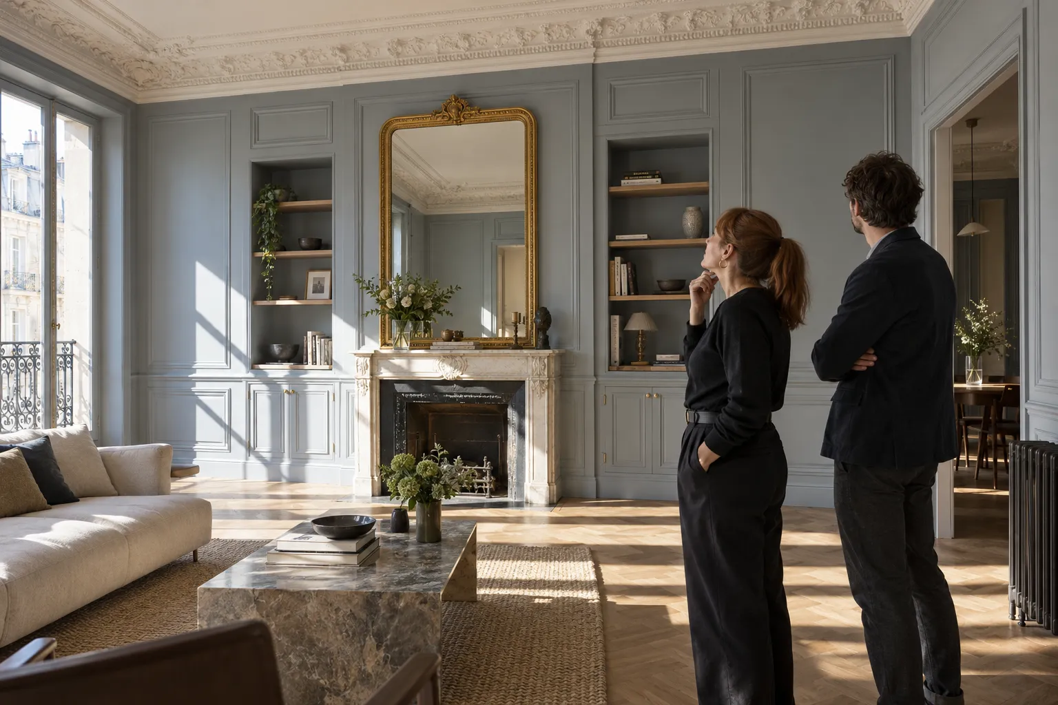 Deux personnes en tenue sombre discutent dans un salon élégant au décor bleu-gris avec cheminée et miroir doré.