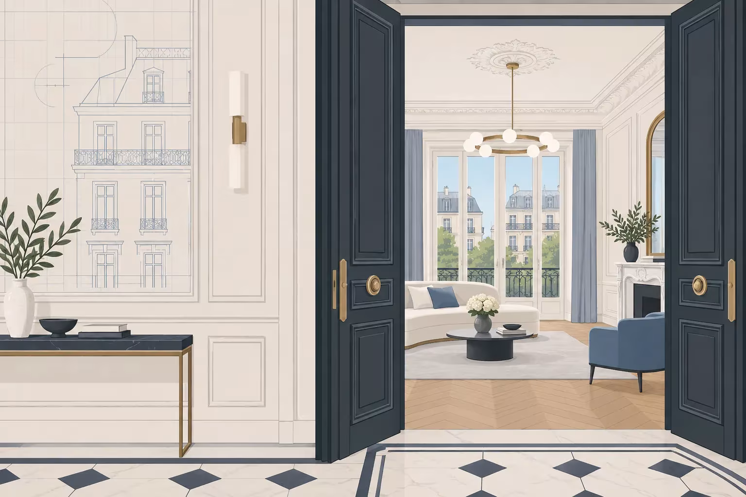 Entrée élégante donnant sur un salon lumineux avec fauteuils et table basse, à travers une porte double bleue ouverte sur un