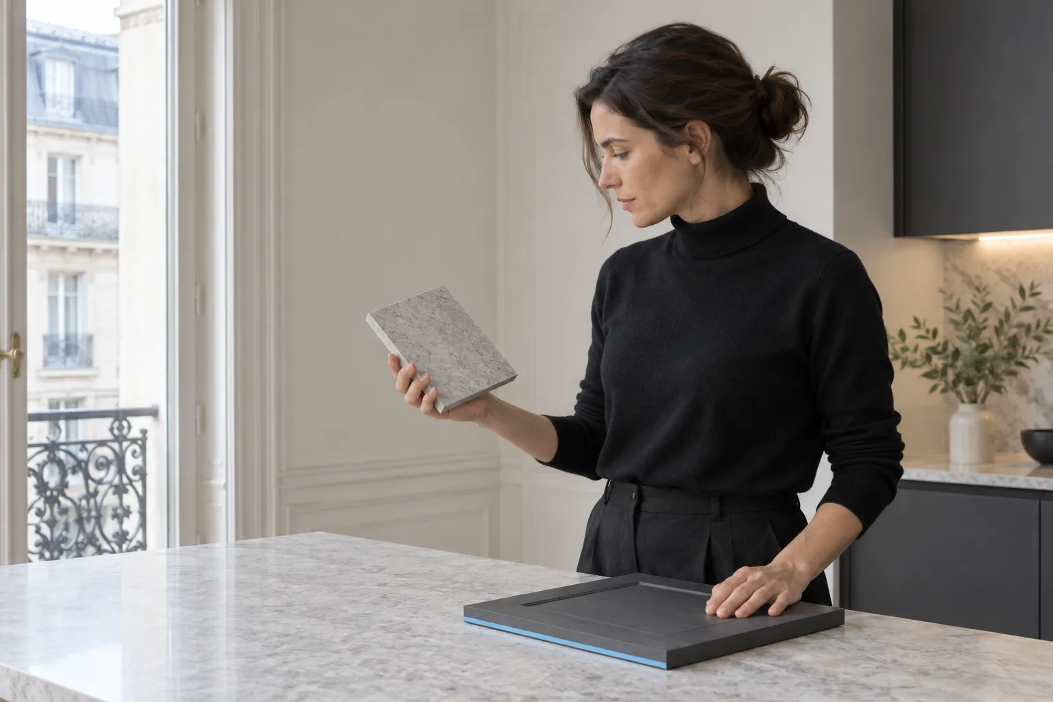 Une femme à l’allure professionnelle tient une échantillon de matière pendant qu’elle pose une plaque sur un plan de travail