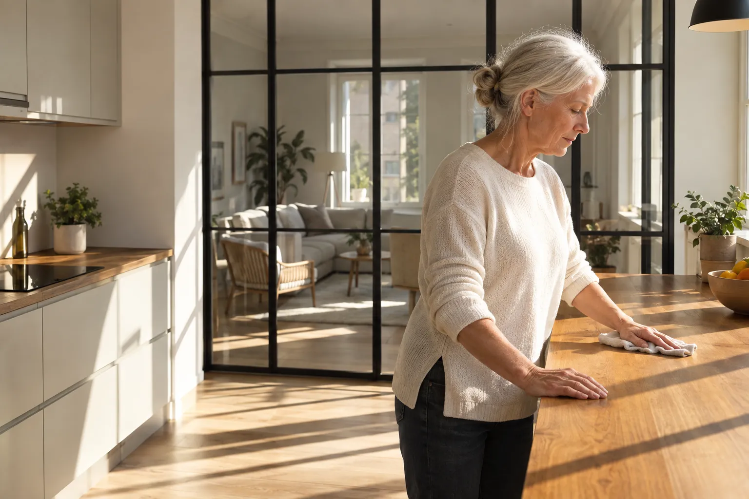 Une femme âgée essuie une grande table en bois dans une cuisine lumineuse.