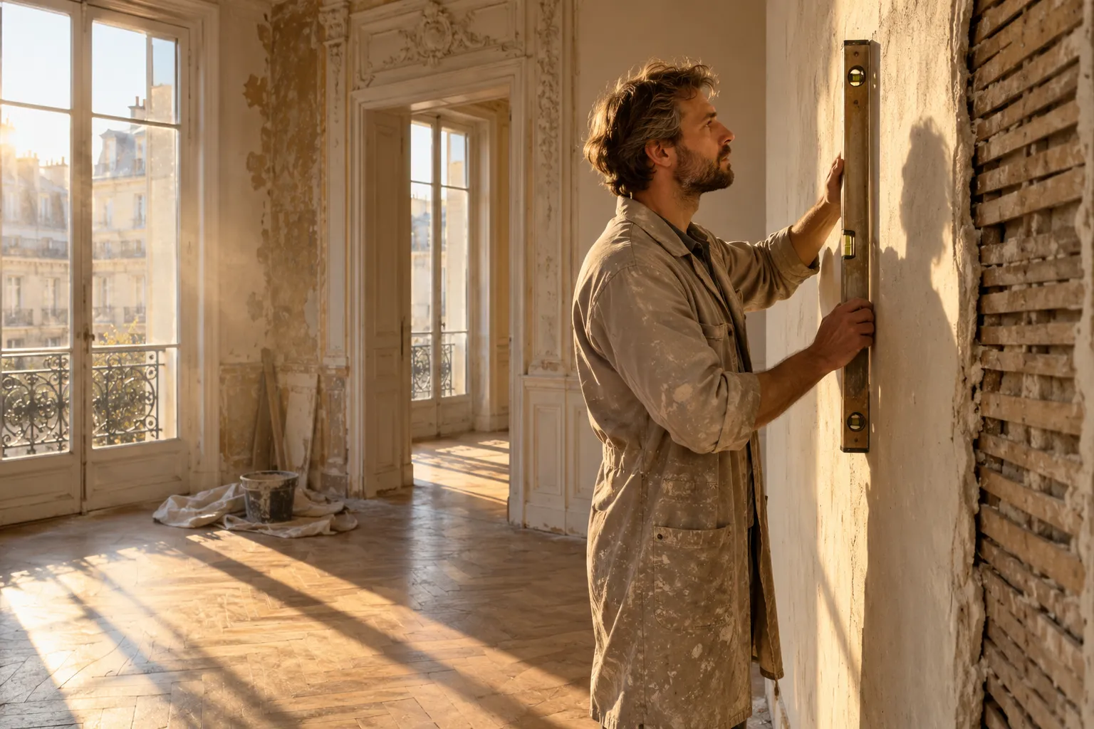 Homme en manteau de travail plaque un mur en construction dans une pièce lumineuse en rénovation