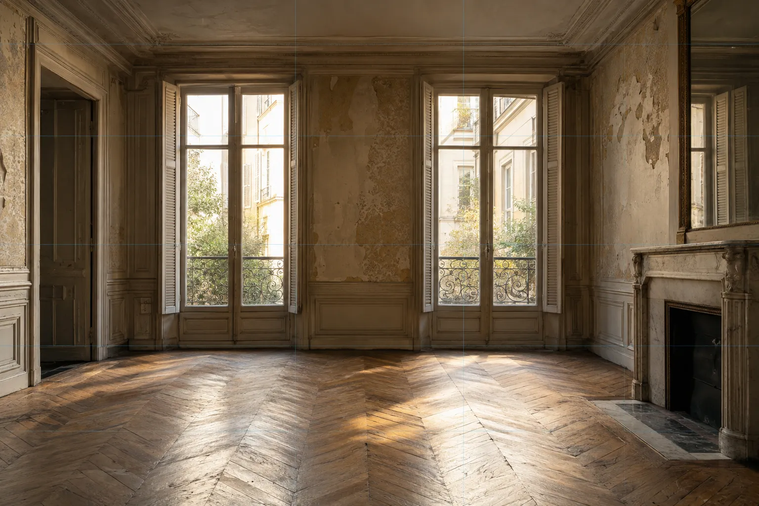 Intérieur d’un salon ancien avec parquet en chevrons, grandes fenêtres et cheminée.