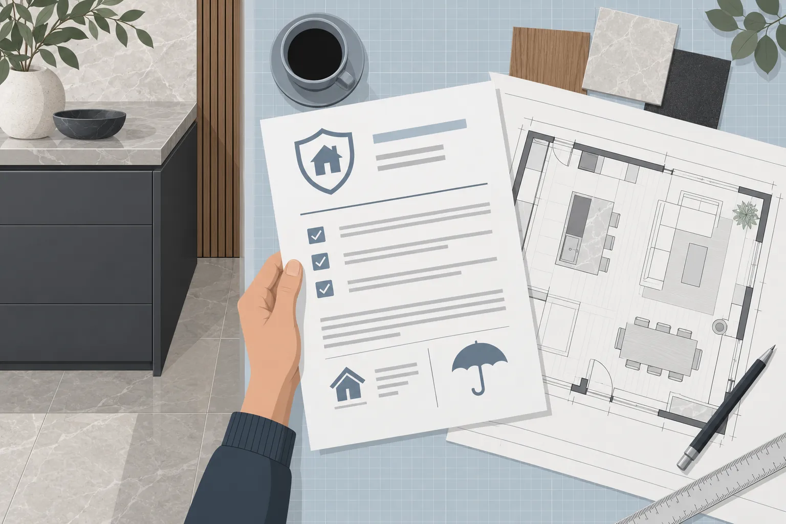 Une main tient un formulaire avec des cases à cocher et des icônes, posé sur des plans d’aménagement intérieur et des