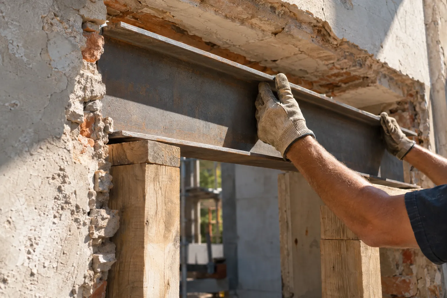 Mains portant des gants ajustent une poutre métallique dans une ouverture de mur en construction.