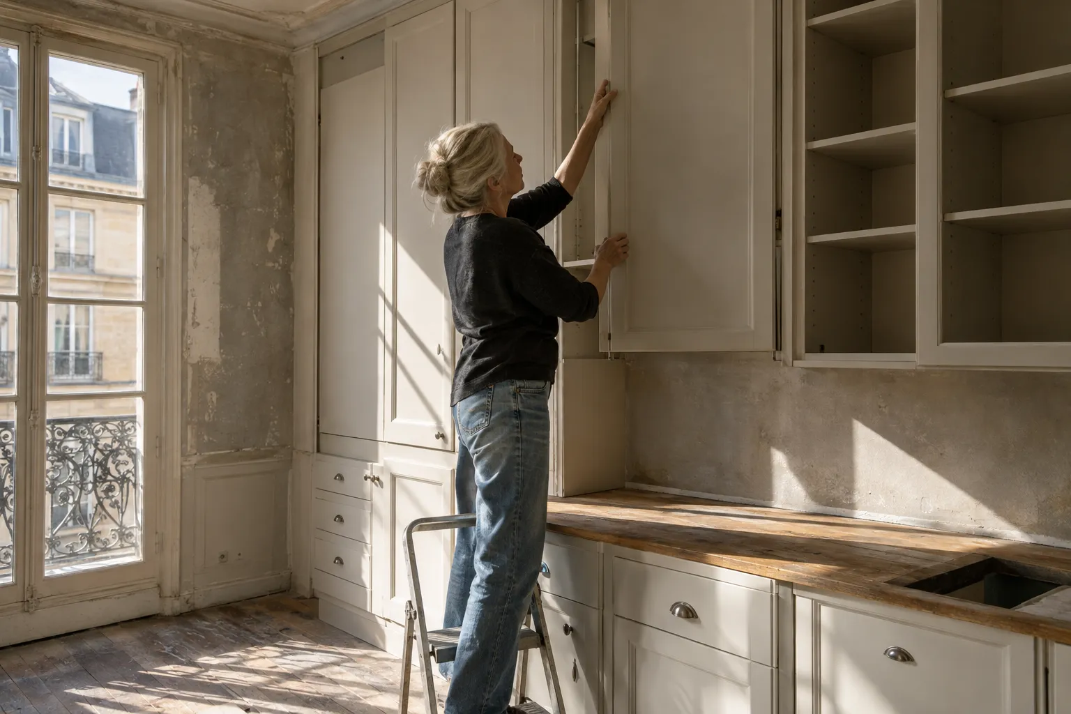 Personne debout sur un escabeau qui installe ou ajuste des meubles de cuisine sur mesure près d’une fenêtre dans une cuisine