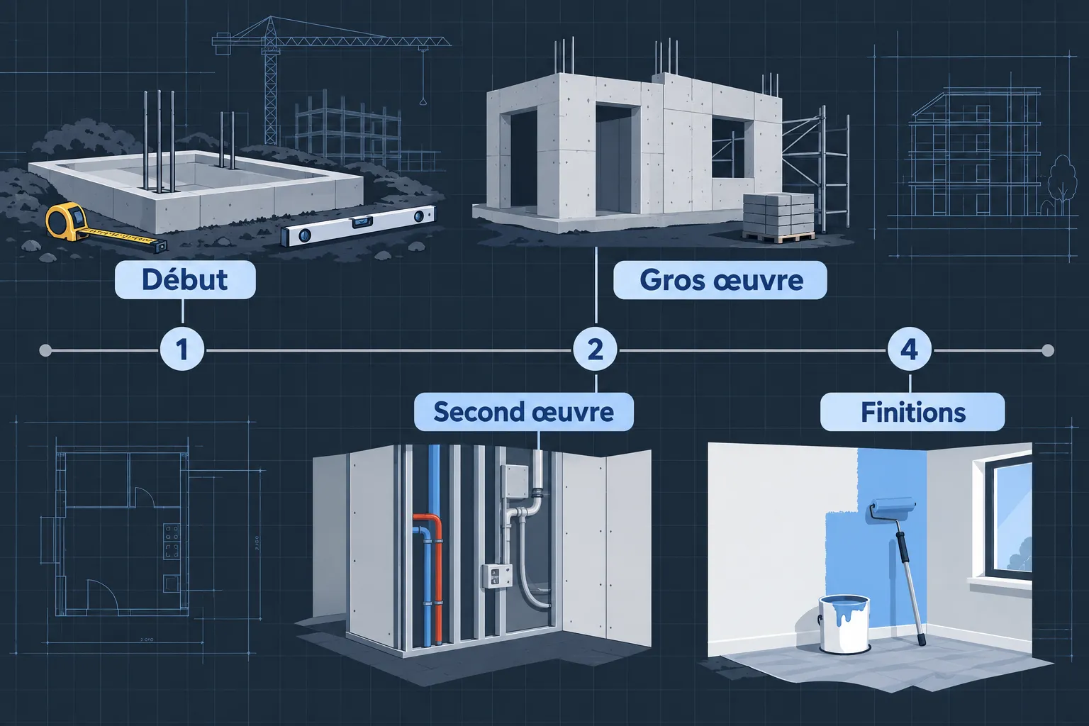 Plan de construction montrant les étapes Début, Gros œuvre, Second œuvre et Finissions sur une ligne du plan.
